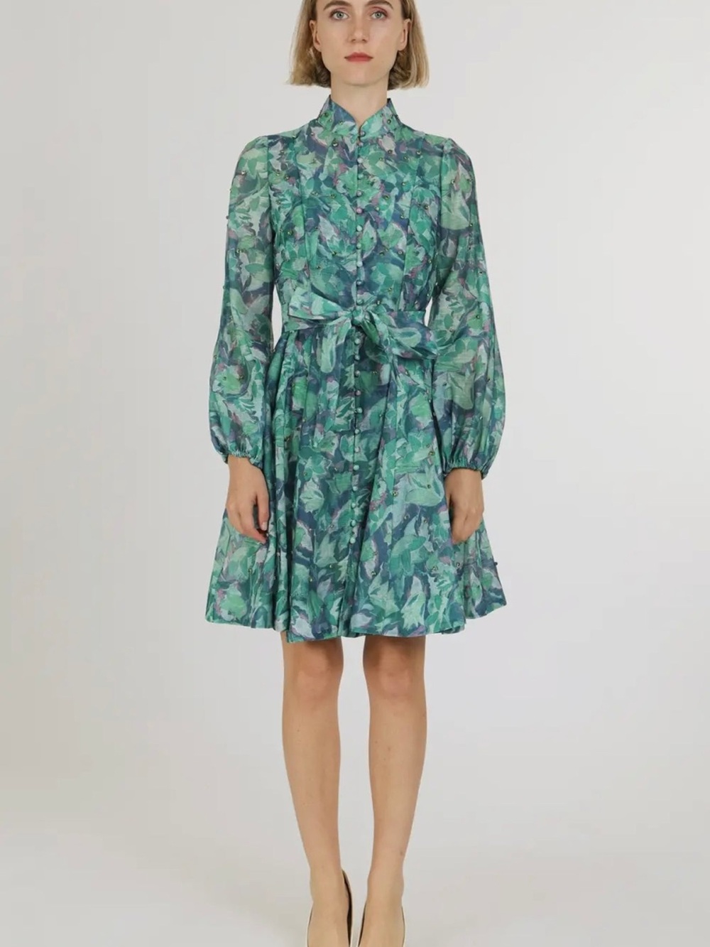 Beulah Green Floral Tie-Waist Mini Dress